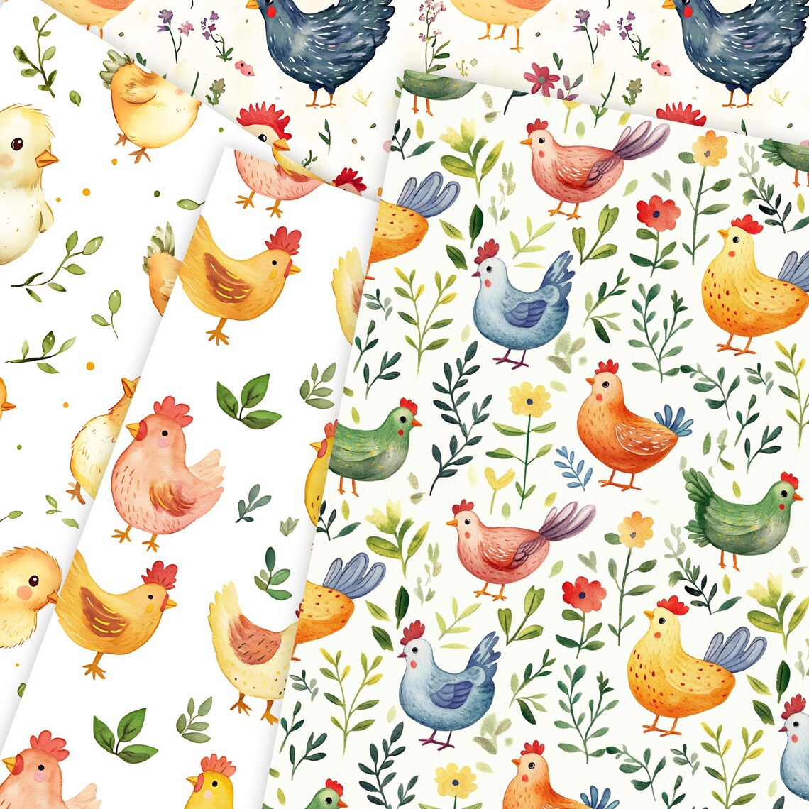 Chicken Pattern Seamless Digital Paper, Farm Roosters Pattern ...