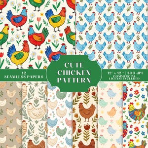 Könnte beinhalten: Eine Sammlung von 12 nahtlosen Papieren mit bunten Hühnermustern. Die Designs umfassen verschiedene Hühnerillustrationen, florale Elemente und den Text "Cute Chicken Pattern". Jedes Papier ist 30,48 x 30,48 cm groß und 300 DPI, mit einer kommerziellen Lizenz.