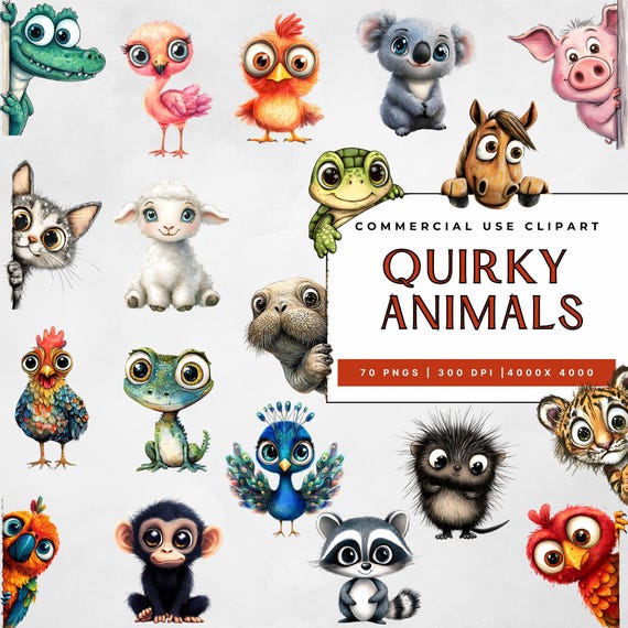 Quirky Animal Clipart Bundle: Big Eye Whimsical PNG Illustrations (Commercial Use, Digital Download