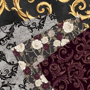 May include: An assortment of patterned papers featuring ornate designs. The papers showcase a variety of styles, including black lace, floral arrangements with white and burgundy roses, and swirling baroque patterns in burgundy and gold. The background has a gold filigree design.