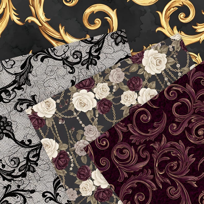 May include: An assortment of patterned papers featuring ornate designs. The papers showcase a variety of styles, including black lace, floral arrangements with white and burgundy roses, and swirling baroque patterns in burgundy and gold. The background has a gold filigree design.