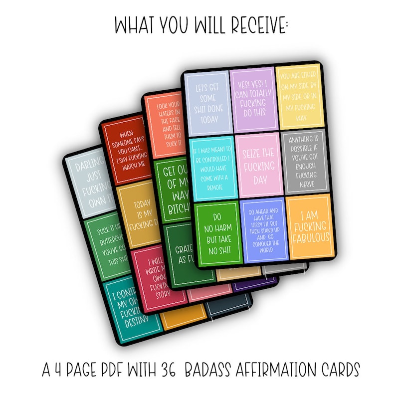 Baraja de cartas de afirmaciones con groserías, 36 frases divertidas y geniales para mujeres, tarjetas de motivación para el autocuidado y la positividad (PDF imprimible) imagen 2