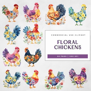 Bundle de clipart floral poulet, aquarelle coq & poule PNG, clipart animaux de la ferme Cottagecore, journal indésirable, scrapbooking, usage Commercial