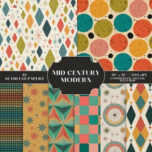May include: A set of 12 seamless papers with a mid-century modern design. The patterns showcase geometric shapes such as diamonds, circles, and stars in orange, teal, yellow, and cream. The image includes the text "12 Seamless Papers" and "Mid Century Modern".