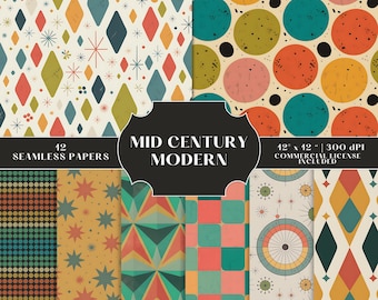 Mid Century Modern Seamless Bundle, Retro 60's Geometric Scrapbook Paper, Commercial Use