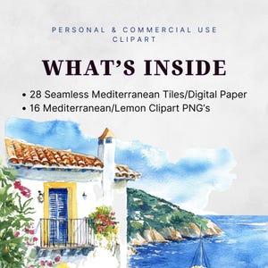 Puede incluir: Una ilustraci&oacute;n de acuarela de una casa mediterr&aacute;nea con una puerta amarilla y un balc&oacute;n con vistas a un mar azul. La imagen incluye 28 azulejos mediterr&aacute;neos sin costuras/papel digital y 16 im&aacute;genes PNG clipart mediterr&aacute;neas/lim&oacute;n.