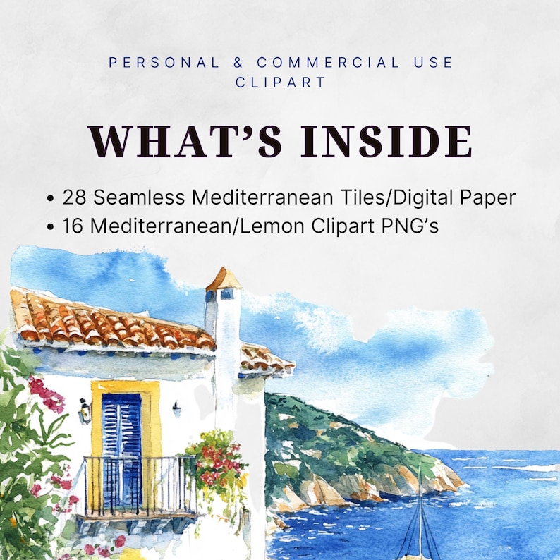 Puede incluir: Una ilustraci&oacute;n de acuarela de una casa mediterr&aacute;nea con una puerta amarilla y un balc&oacute;n con vistas a un mar azul. La imagen incluye 28 azulejos mediterr&aacute;neos sin costuras/papel digital y 16 im&aacute;genes PNG clipart mediterr&aacute;neas/lim&oacute;n.