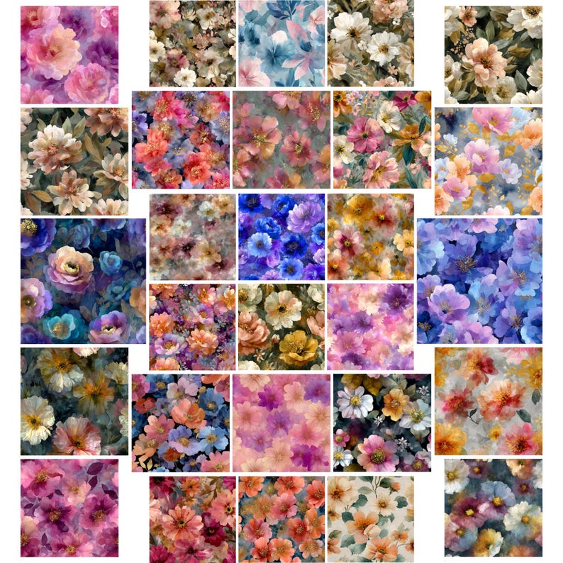 May include: A selection of watercolour floral patterns in shades of pink, purple, blue, and yellow. The designs showcase diverse flowers and foliage, forming a lively and artistic arrangement. These patterns are ideal for fabric, wallpaper, or digital art applications.