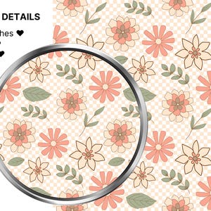 May include: A seamless pattern featuring a repeating design of pink and cream flowers with green leaves on a light beige background. The pattern is viewed through a magnifying glass.