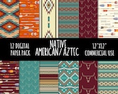 AztecDigital Paper, Native American Background Paper, Western Bundle Scrapbook Paper, Aztec Pattern, Commercial Use, 23, 12x12