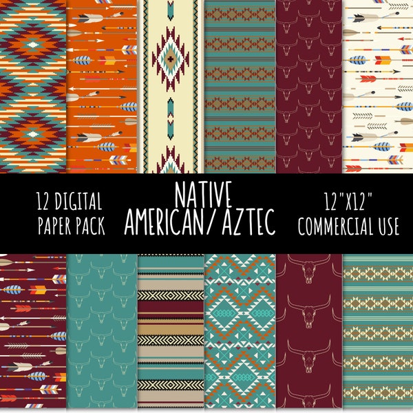 AztecDigital Paper, Native American Background Paper, Western Bundle Scrapbook Paper, Aztec Pattern, Commercial Use, 23, 12x12