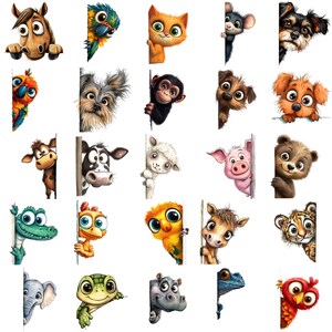 May include: A collection of cartoon animal illustrations, each peeking from behind a white surface. The animals include a horse, parrot, cat, mouse, dog, monkey, cow, sheep, pig, bear, crocodile, lizard, owl, donkey, tiger, elephant, turtle, hippo, frog, and owl.
