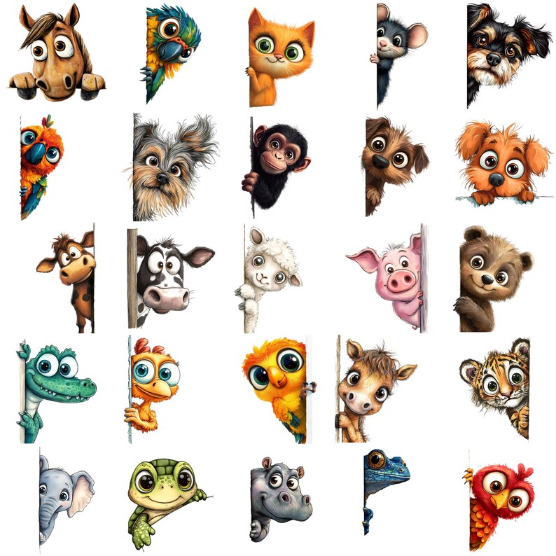 May include: A collection of cartoon animal illustrations, each peeking from behind a white surface. The animals include a horse, parrot, cat, mouse, dog, monkey, cow, sheep, pig, bear, crocodile, lizard, owl, donkey, tiger, elephant, turtle, hippo, frog, and owl.