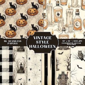 May include: A collection of vintage-style Halloween-themed seamless papers. The designs include pumpkins with black cats, potion bottles, candles, spiderwebs, and a haunted house. The text reads "Vintage Style Halloween" and "16 Seamless Papers".