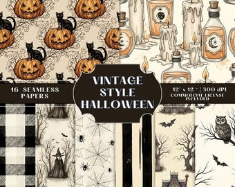 Whimsical Vintage-Inspired Halloween Seamless Printable Digital Paper Bundle Haunted House, Pumpkins, Instant Download, Commercial Use