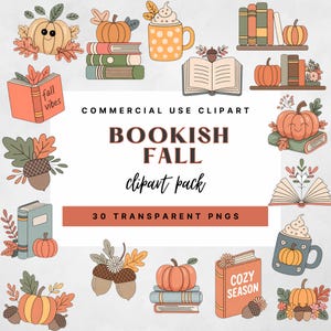 May include: A collection of fall-themed clipart featuring pumpkins, books, acorns, and mugs. The text includes "Bookish Fall" and "Commercial Use Clipart". The illustrations are in a cartoon style with warm colors and autumn leaves.