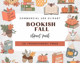 May include: A collection of fall-themed clipart featuring pumpkins, books, acorns, and mugs. The text includes "Bookish Fall" and "Commercial Use Clipart". The illustrations are in a cartoon style with warm colors and autumn leaves.
