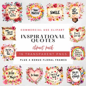 Pakiet inspirujących cytatów PNG Clipart, motywujące powiedzenia w ramce kwiatowej, pozytywne afirmacje, grafika do użytku komercyjnego
