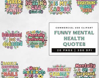 Paquete de imágenes prediseñadas de salud mental sarcástica: frases divertidas de autocuidado, gráficos PNG, uso comercial, descarga digital