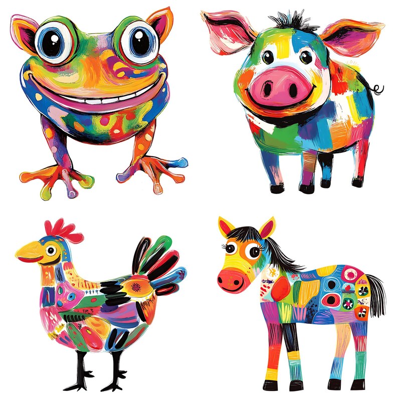 Puede incluir: Un conjunto de cuatro ilustraciones de animales coloridos que representan una rana, un cerdo, una gallina y un caballo. Cada animal est&aacute; pintado en un estilo abstracto y vibrante con una mezcla de colores brillantes.