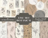 Neutral Botanical Line Art Seamless Paper Bundle, 20 Minimalist Floral Digital Backgrounds, Commercial Use