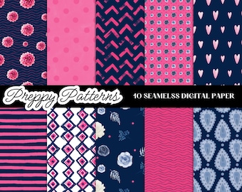 Preppy Pattern Seamless Digital Papers, Modern Print Digital Scrapbook Paper, Floral, Polka Dot Background, Navy & Pink, Commercial Use