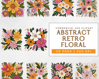 70s Retro Flower Clipart Bundle: Boho Floral PNGs for Sublimation (Digital Download)