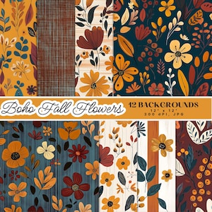 May include: A collection of 12 digital backgrounds with a boho fall flowers theme. The patterns feature floral designs in shades of orange, brown, and teal. The text reads "Boho Fall Flowers" and "12 Backgrounds 12" x 12" 300 DPI, JPG."