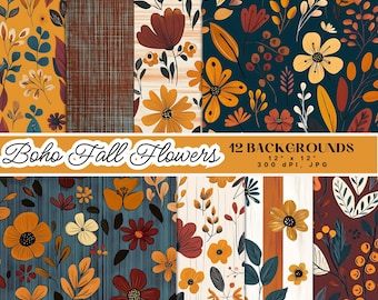 May include: A collection of 12 digital backgrounds with a boho fall flowers theme. The patterns feature floral designs in shades of orange, brown, and teal. The text reads "Boho Fall Flowers" and "12 Backgrounds 12" x 12" 300 DPI, JPG."