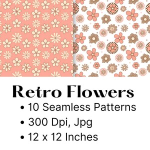 May include: Two digital paper patterns featuring retro floral designs. The first pattern is a pink background with white flowers. The second pattern is a white background with pink and brown flowers and circles.