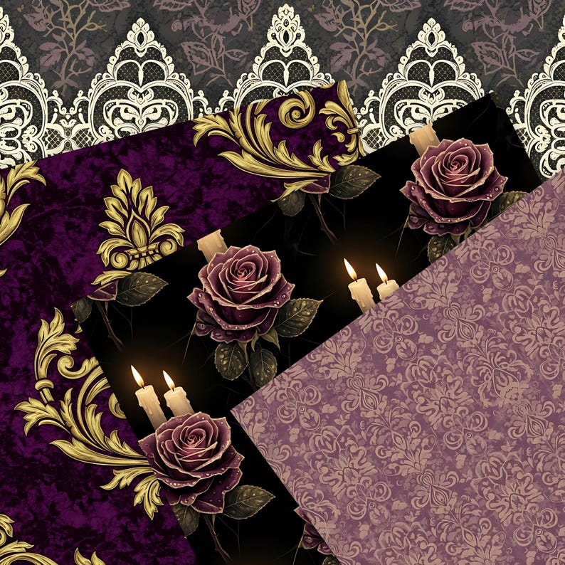 May include: A collage of patterned papers with a gothic theme. The designs include a deep purple velvet texture with gold filigree, black backgrounds with purple roses and lit candles, and damask patterns in shades of purple and beige.