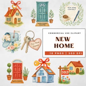May include: Watercolor clipart set featuring houses, doors, keys, and a mailbox. The text "NEW HOME" is displayed, along with "WELCOME" on doormats. Includes a "SOLD" sign and a "NEW HOME CONTRACT" document. 16 PNGS at 300 DPI.