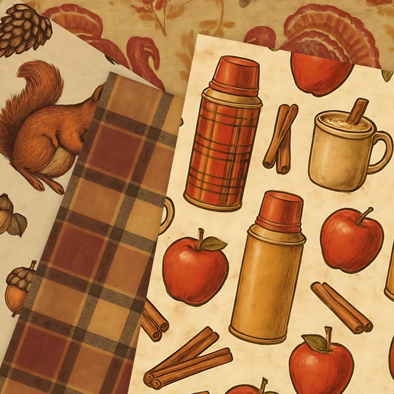 Puede incluir: Una colecci&oacute;n de ilustraciones con tem&aacute;tica oto&ntilde;al. La imagen presenta una ardilla, bellotas y un patr&oacute;n de cuadros. Otras ilustraciones incluyen manzanas, palitos de canela, termos y tazas de caf&eacute;. La paleta de colores es c&aacute;lida, con tonos marrones, rojos y beige.