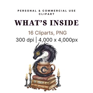 May include: Digital clipart featuring a black dragon wrapped around a steaming mug of coffee, resting on a stack of books. The image includes lit candles and coffee beans. Text reads "WHAT'S INSIDE" and "PERSONAL & COMMERCIAL USE CLIPART".
