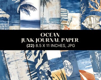Ocean Blue Seaside Distressed Printable Ephemera Digital Junk Journal Paper Kit,  Beach Craft Paper Shabby Chic, Commercial Use