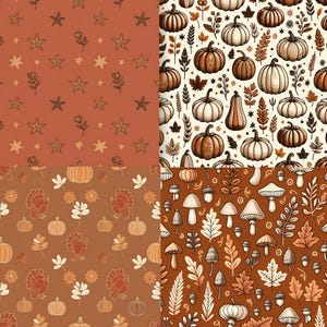 May include: Four autumnal seamless patterns. One features stars and sprigs on a rust background. Another showcases pumpkins and leaves. A third displays turkeys and pumpkins. The last pattern has mushrooms and acorns.