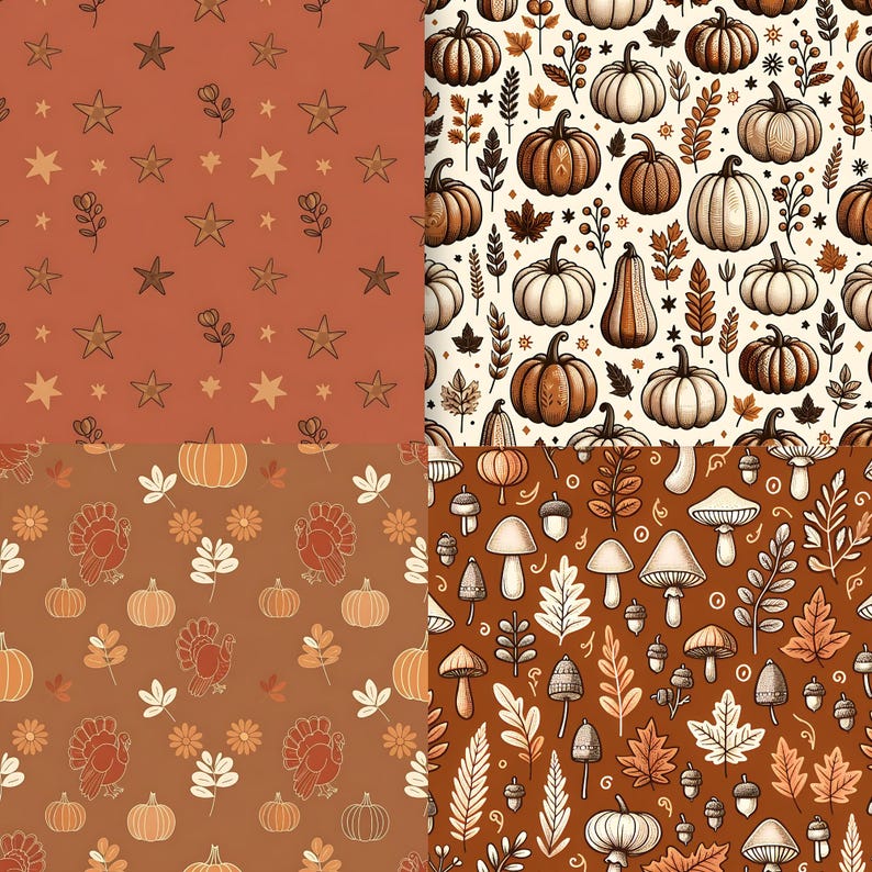 May include: Four autumnal seamless patterns. One features stars and sprigs on a rust background. Another showcases pumpkins and leaves. A third displays turkeys and pumpkins. The last pattern has mushrooms and acorns.