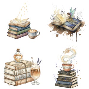 May include: Watercolor illustrations of fantasy-themed items. A stack of books with a cup of coffee, a fairy reading a book, a stack of books with a potion and iced coffee, and a stack of books with a dragon and a cup of coffee.
