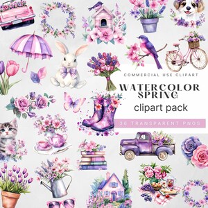 Aquarell Hallo Frühling Clipart, Sommer rosa lila Blumen PNG für die Kartenherstellung, Scrapbook, Junk Journal, Papierhandwerk, kommerzielle Nutzung
