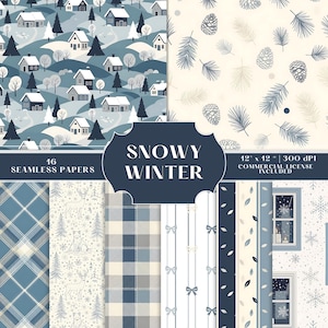 Puede incluir: Una colección de 16 papeles sin costuras con diseños de invierno. Los diseños incluyen paisajes nevados, piñas, cuadros escoceses, ciervos y lazos. La paleta de colores presenta tonos de azul, blanco y beige. El texto "SNOWY WINTER" se muestra en una pancarta azul oscuro.
