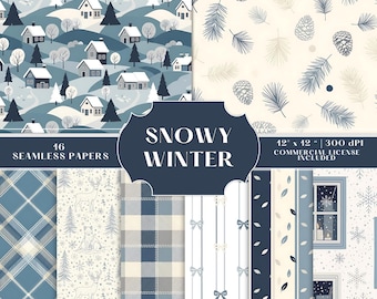 May include: A collection of 16 seamless papers with winter-themed patterns. Designs include snowy landscapes, pine cones, plaid, deer, and bow motifs. The color palette features shades of blue, white, and beige. The text "SNOWY WINTER" is displayed on a dark blue banner. Each paper is 12" x 12".