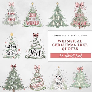 May include: A collection of whimsical Christmas tree designs with quotes. Each tree is uniquely styled with decorative elements, bows, and stars. The quotes include phrases like "Joy to the World" and "Merry & Bright". The image also includes the text "Commercial Use Clipart".