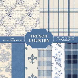 Può includere: Una collezione di 20 carte senza cuciture a tema country francese. Le carte presentano vari modelli, tra cui disegni floreali, script, plaid e toile, in tonalità blu e crema. L'immagine include il testo "French Country".