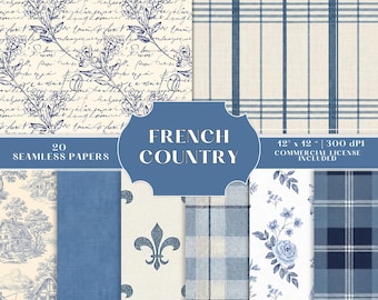 French Country Digital Paper Pack, blaue und weiße nahtlose Toile-Muster, druckbare Scrapbook-Papiere,