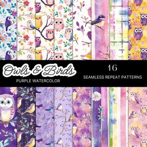 Carta digitale con gufi primaverili acquerellati e ripetitivi senza soluzione di continuità, carta per album con uccelli e fiori, carta floreale pastello viola, uso commerciale