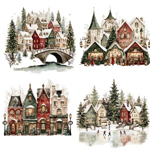 K&ouml;nnte beinhalten: Aquarellillustrationen von Winterd&ouml;rfern. Die Bilder zeigen schneebedeckte H&auml;user mit roten, gr&uuml;nen und wei&szlig;en Fassaden, einige mit Weihnachtsb&auml;umen und Br&uuml;cken. Figuren laufen Schlittschuh auf einem zugefrorenen Teich.