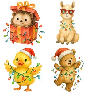 May include: A watercolour illustration featuring four festive animals: a hedgehog in a gift box, a llama wearing sunglasses, a duck, and a bear. Each animal is decorated with Christmas lights and a Santa hat, creating a cheerful holiday theme.