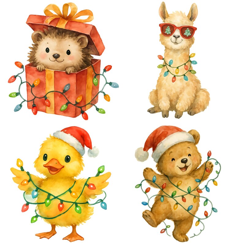 May include: A watercolour illustration featuring four festive animals: a hedgehog in a gift box, a llama wearing sunglasses, a duck, and a bear. Each animal is decorated with Christmas lights and a Santa hat, creating a cheerful holiday theme.