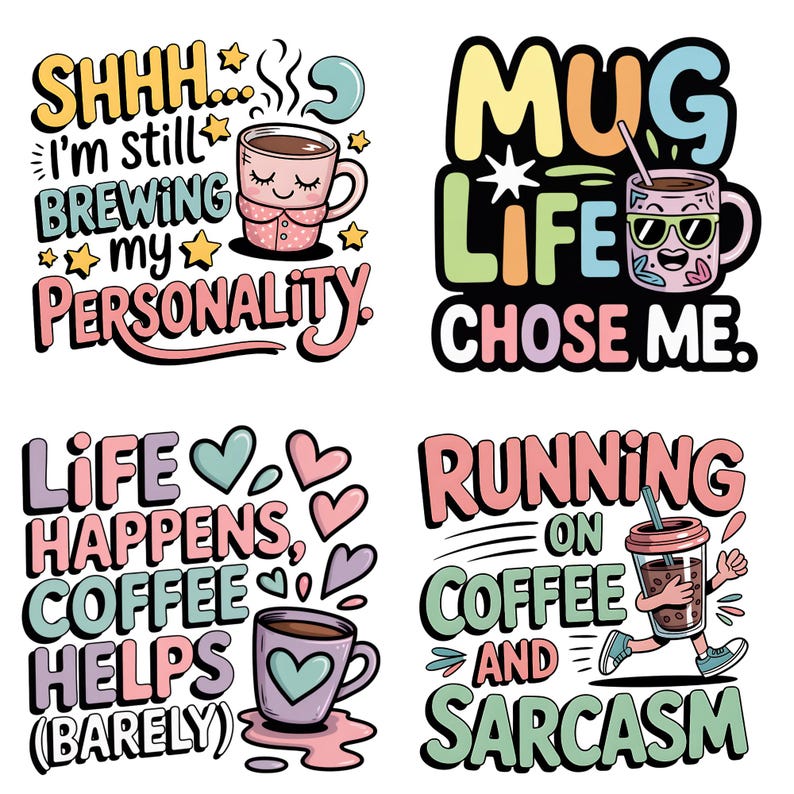 Op de afbeelding: Vier kleurrijke ontwerpen met koffiethema. E&eacute;n zegt "SHHH I'm still BREWING my PERSONALITY." Een andere zegt "MUG LIFE CHOSE ME." De derde zegt "LIFE HAPPENS, COFFEE HELPS (BARELY)." De laatste zegt "RUNNING ON COFFEE AND SARCASM."