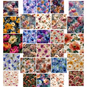 May include: A selection of watercolour floral patterns in diverse colours. The patterns showcase a variety of flowers, including roses, peonies, and daisies, in shades of pink, purple, yellow, and blue. Suitable for fabric, wallpaper, or other decorative uses.